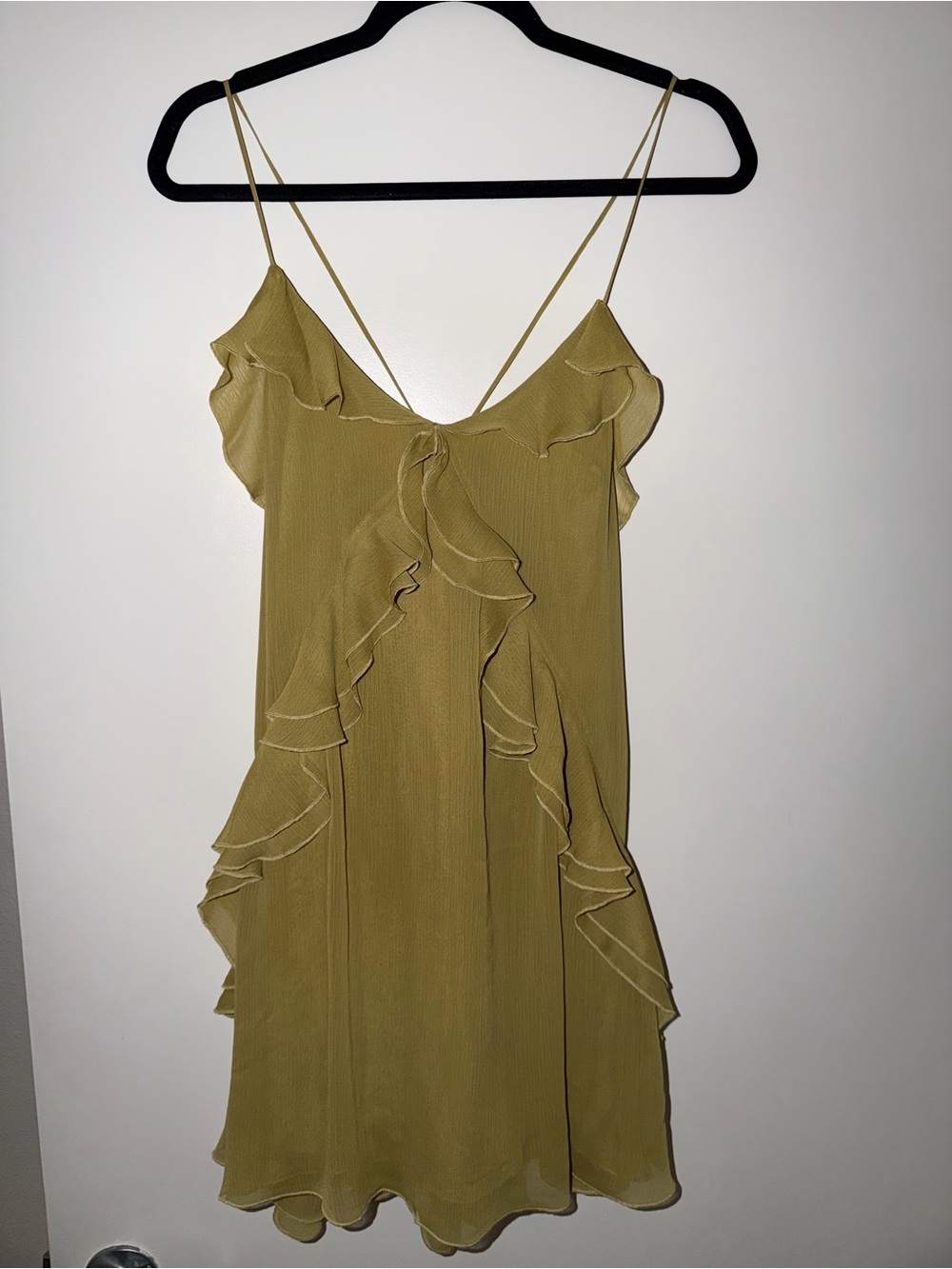 Express Women’s Ruffle Slip Dress in Olive Green